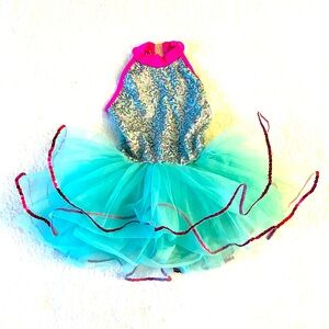 LN Sequin Dance Leotard Tutu Costume Teal/Hot Pink, fits Little Girls Sized 4-6X
